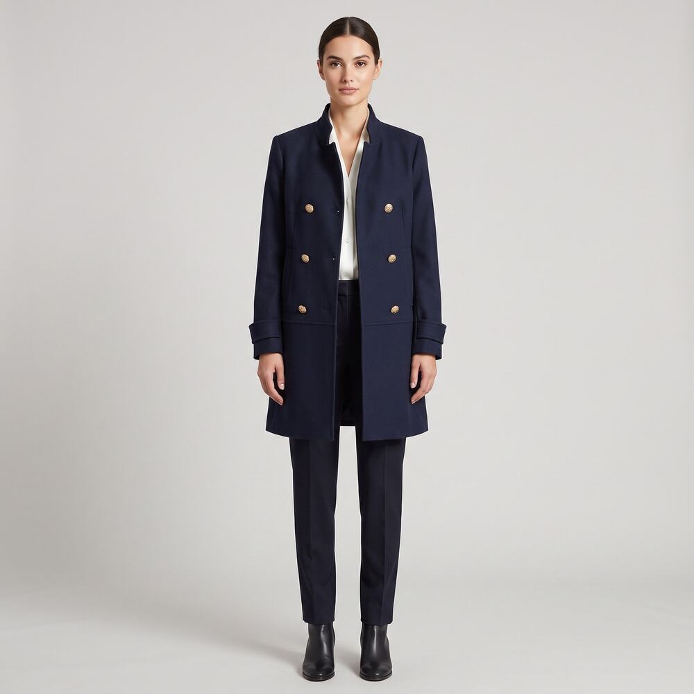 Zara Navy Blue Double Breasted Military Officer Dress Coat Long Jacket Women L